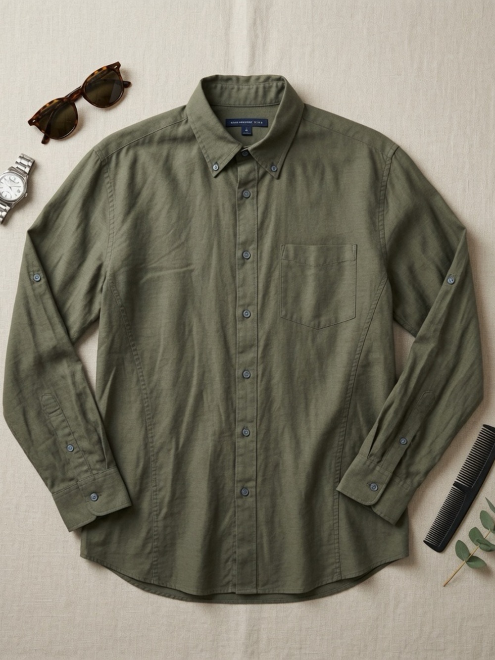 John Varvatos USA Mens Olive Green Cotton Roll Tab Button‎ Down Shirt M W387C13